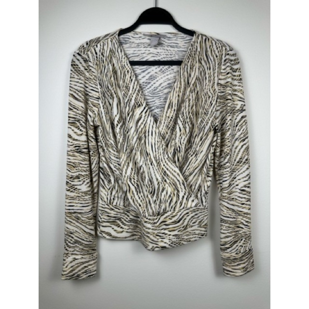 H&M Zebra Print Faux Wrap Long Sleeve Stretch Top XS Cream Black